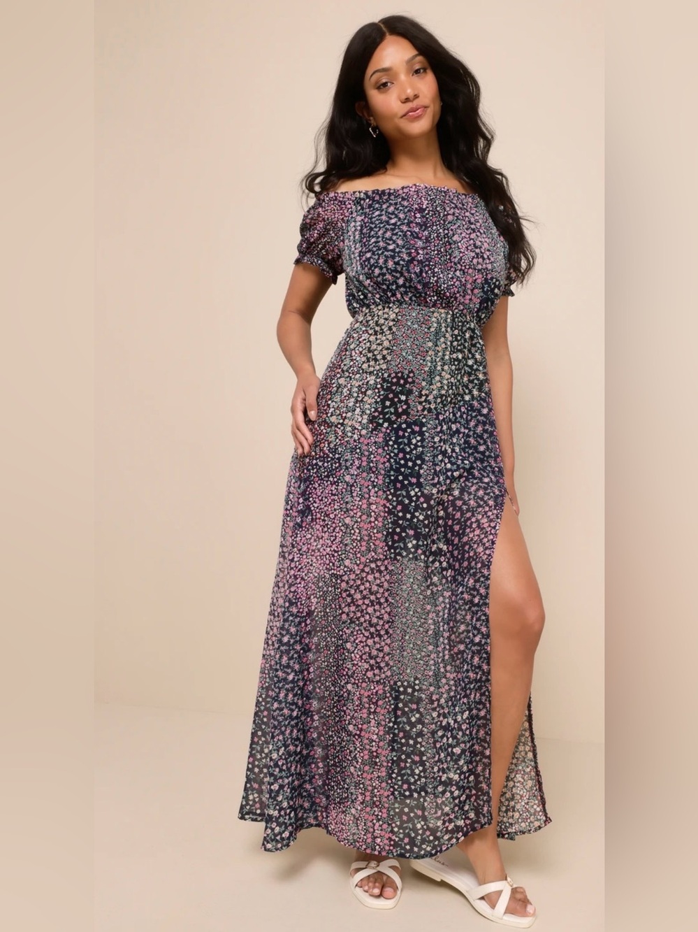 Lulus Neva Navy Ditsy Floral Patchwork Off Shoulder Maxi Dress Size M NEW - Picture 2 of 15